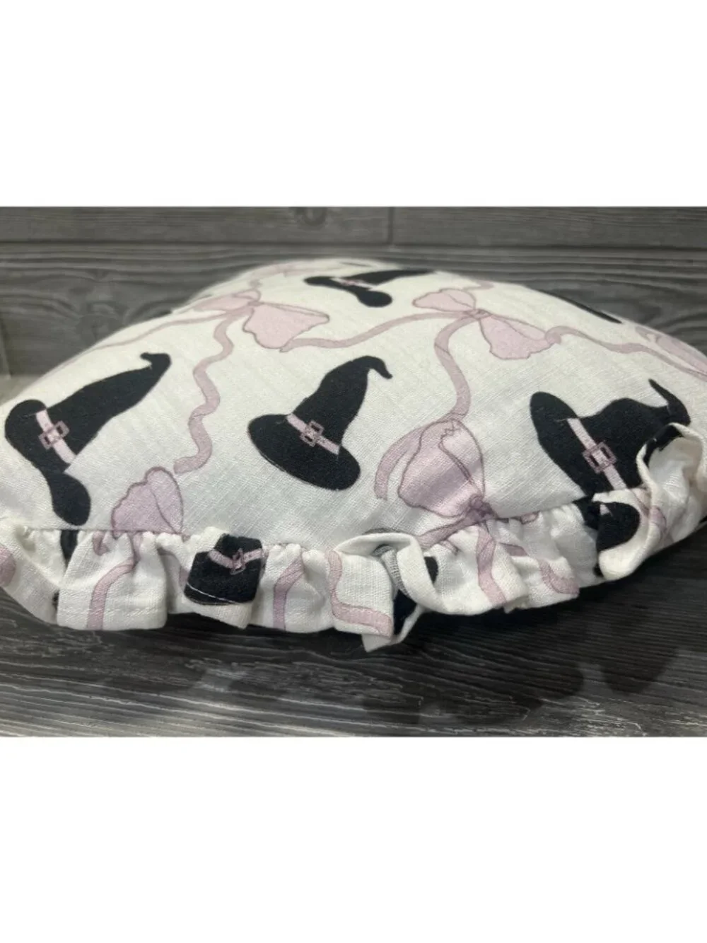 Heart Shaped Witch Hat and Bows Print Pillow Pink & Black Ruffle Trim 14”